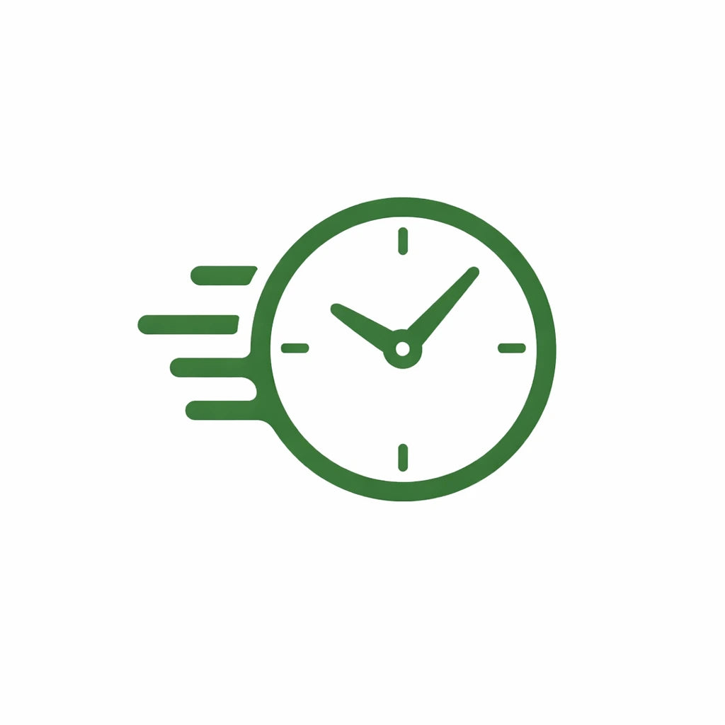 Green clock icon with fast motion lines on a white background